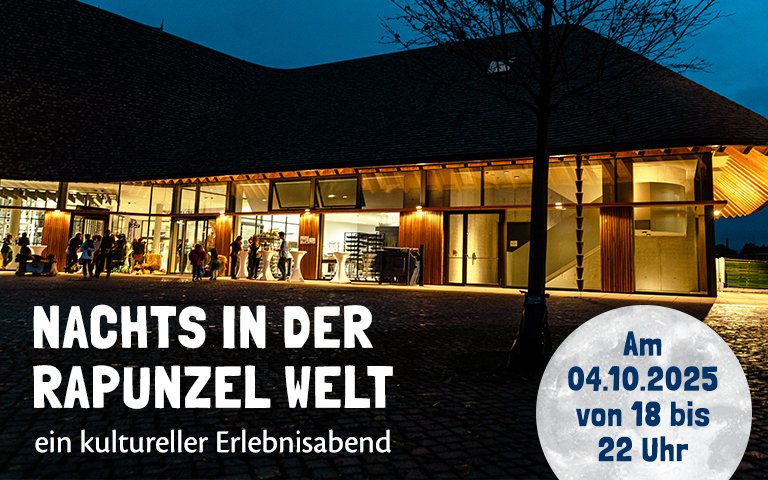 Rapunzel Welt bei Nacht mit Schriftzug "Nachts in der Rapunzel Welt"
